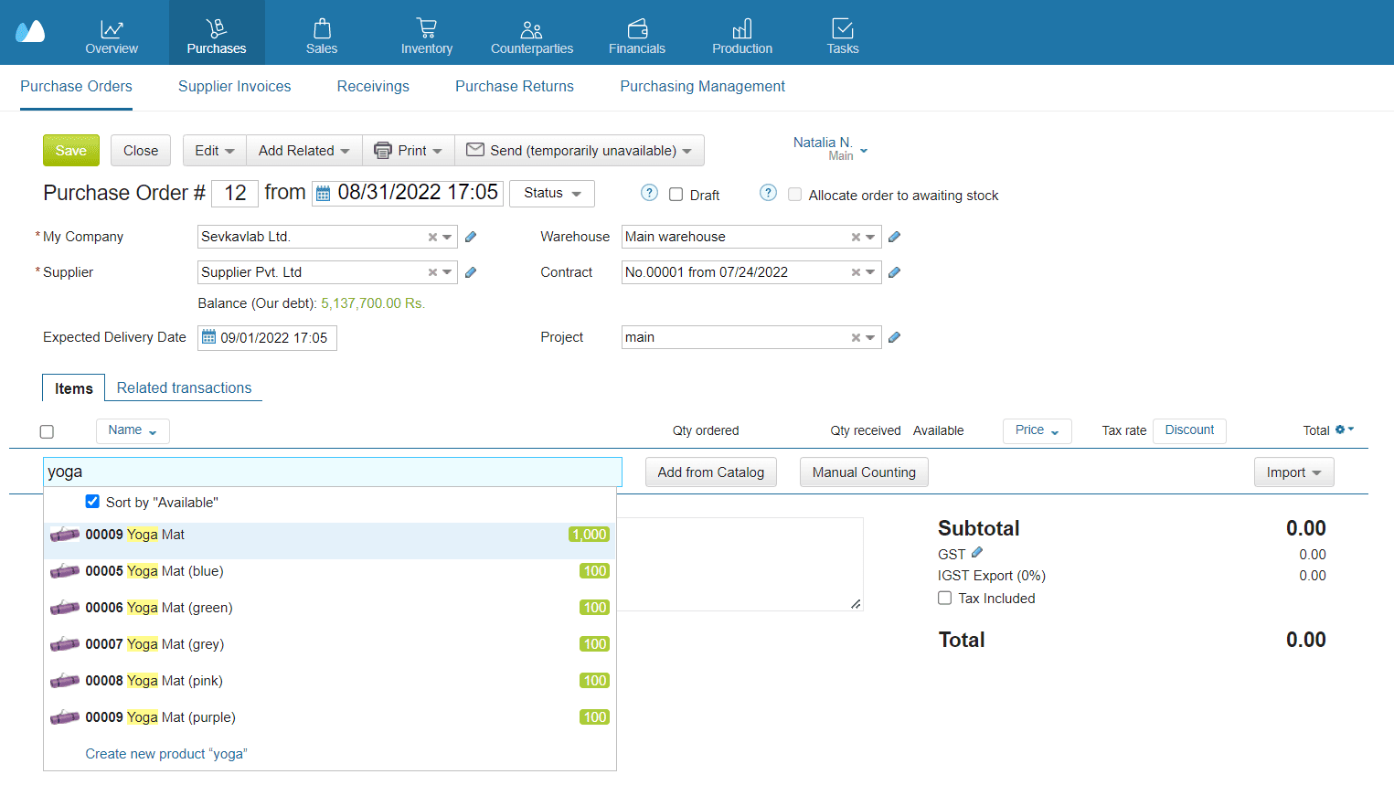 Screenshot of Kladana’s purchase order interface showing item search results with multiple product variants, SKUs, and available stock levels