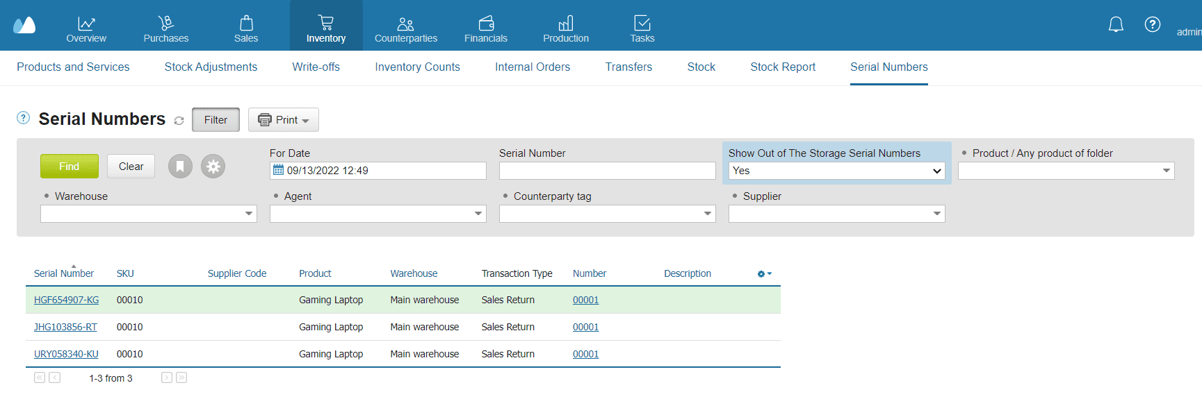 Screenshot of the serial numbers tracking screen in Kladana, showing a list of products with individual serial numbers, SKUs, warehouses, and transaction types