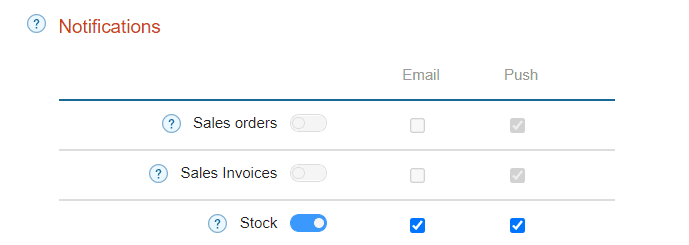 Screenshot of Kladana notification settings showing stock alerts enabled with email and push options checked