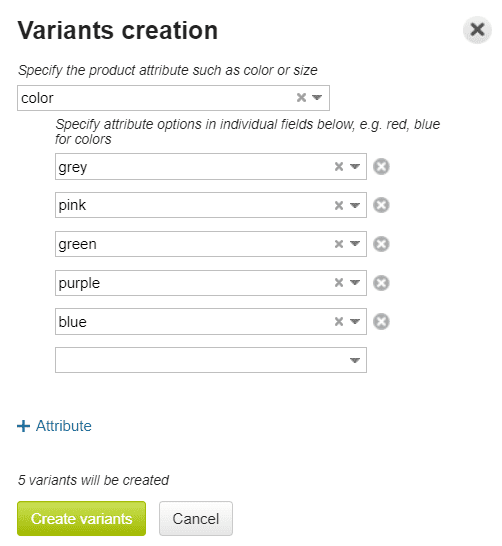Screenshot of Kladana’s variant creation window showing how to add product variants based on the “color” attribute, including grey, pink, green, purple, and blue