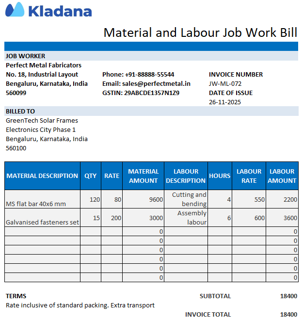 Filled material and labour job work bill format in Excel showing job worker details, client information, material descriptions, quantities, labour hours, rates, calculated amounts, and invoice total.