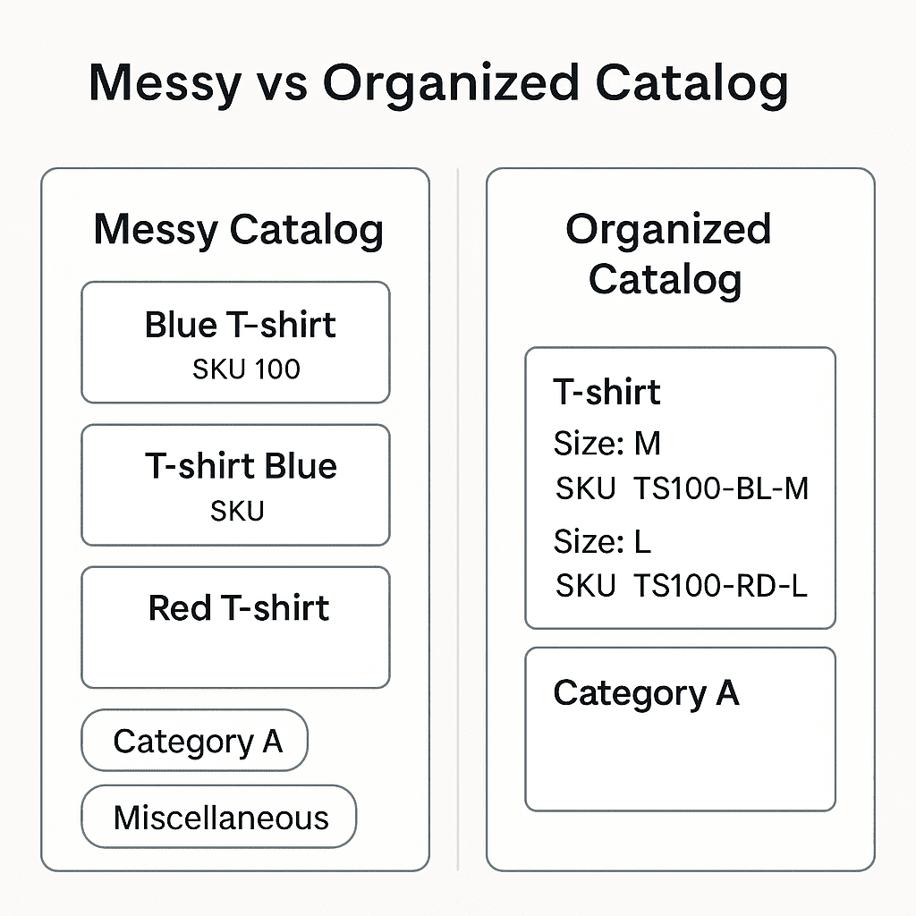 Infographic comparing a messy product catalog with duplicates and inconsistent SKUs versus an organized catalog with clear names, categories, and variants