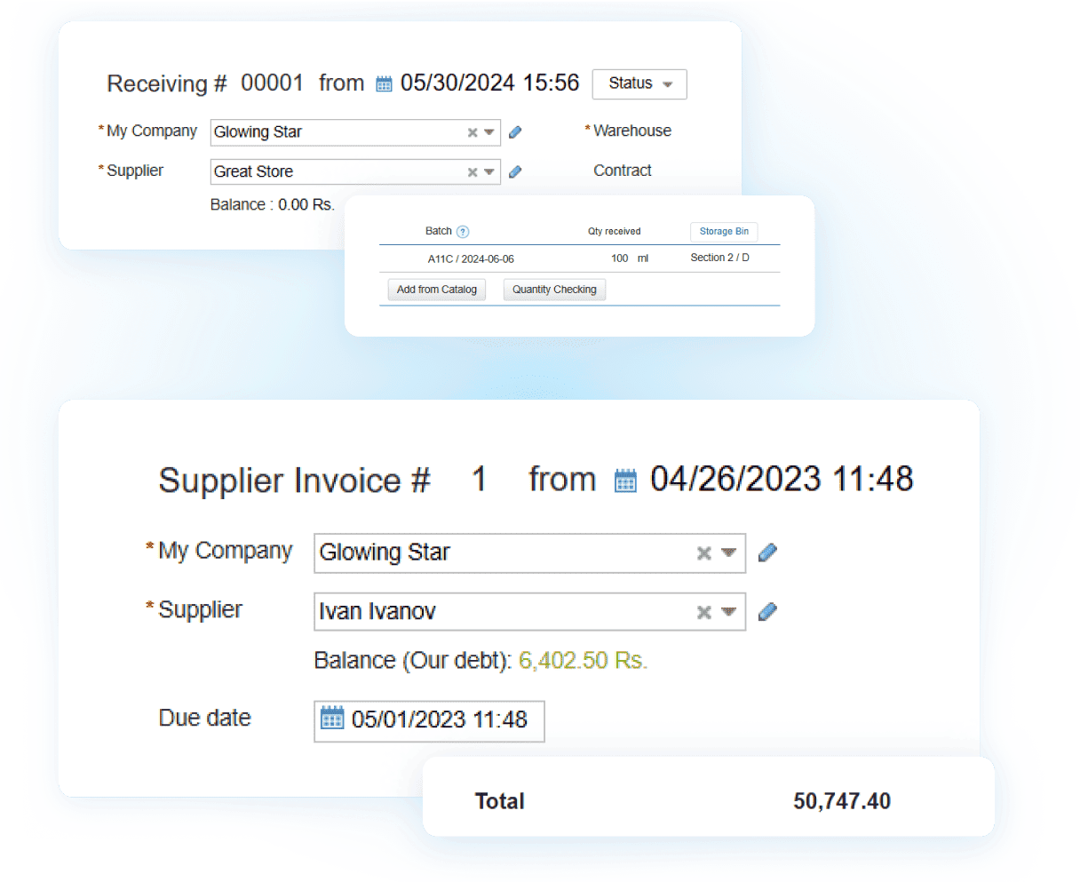 Screenshot of Kladana showing purchase order creation step 1, with supplier selection and purchase order details fields.
