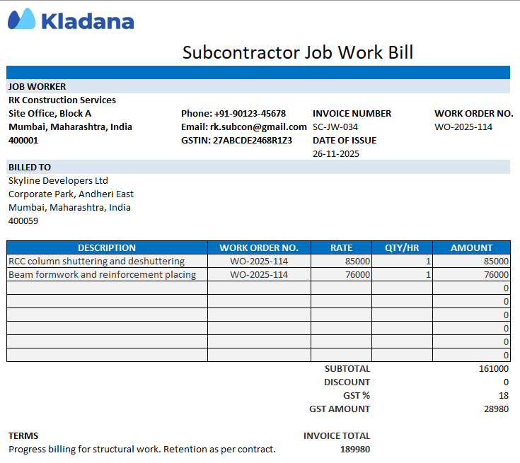 Filled material and labour job work bill format in Excel showing job worker details, client information, material descriptions, quantities, labour hours, rates, calculated amounts, and invoice total.