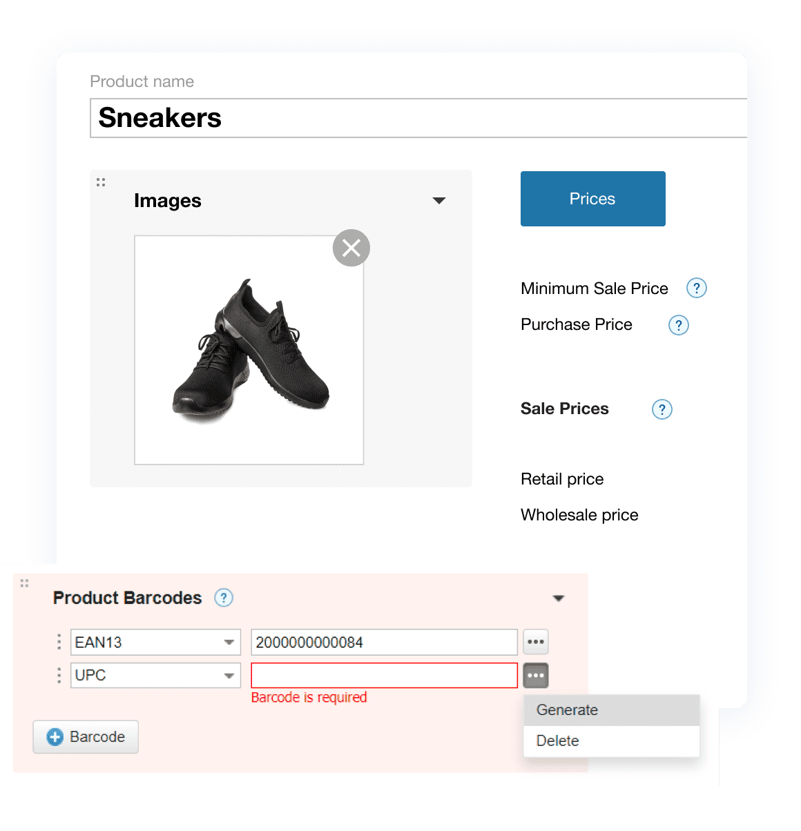 Screenshot of Kladana dashboard showing barcode creation process