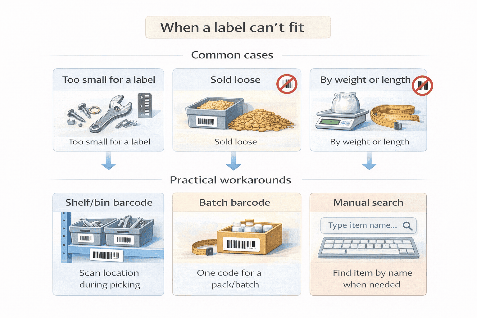 Two-row infographic showing items that can’t be labeled (too small, sold loose, sold by weight or length) and workarounds (shelf or bin barcode, batch barcode, manual search)