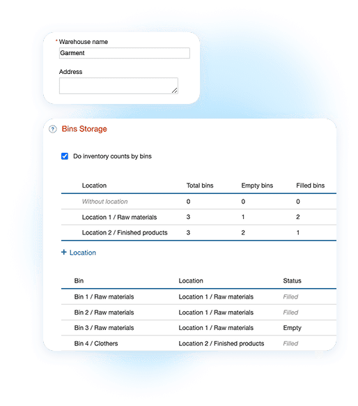 Kladana inventory software screen showing bin or shelf storage locations in a warehouse for manufacturing stock control.