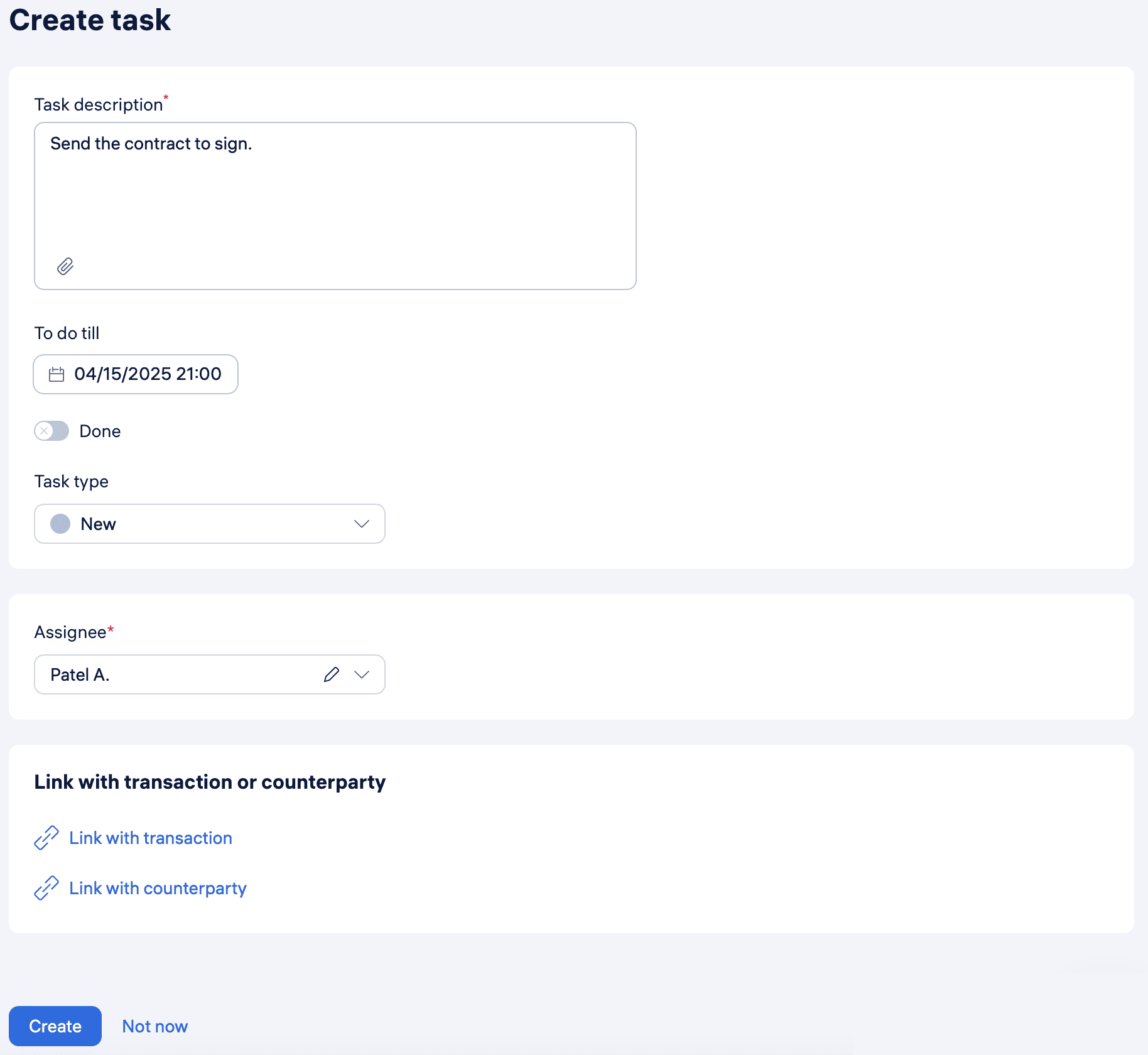 Kladana “Create task” screen with task description, due date, task type dropdown, assignee field, and links to connect the task with a transaction or counterparty