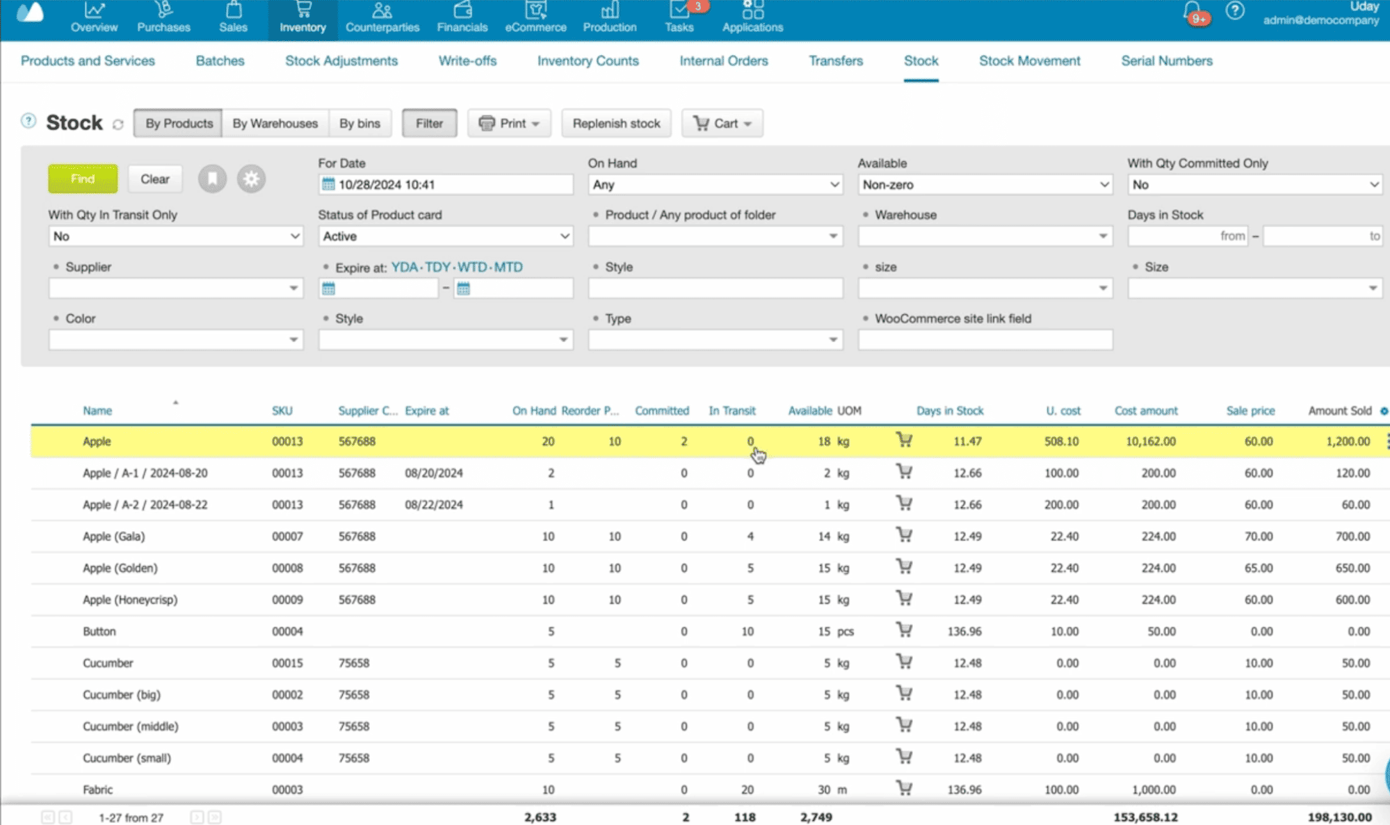 Kladana inventory management module screen showing product stock levels, warehouse/location quantities, and key inventory actions.