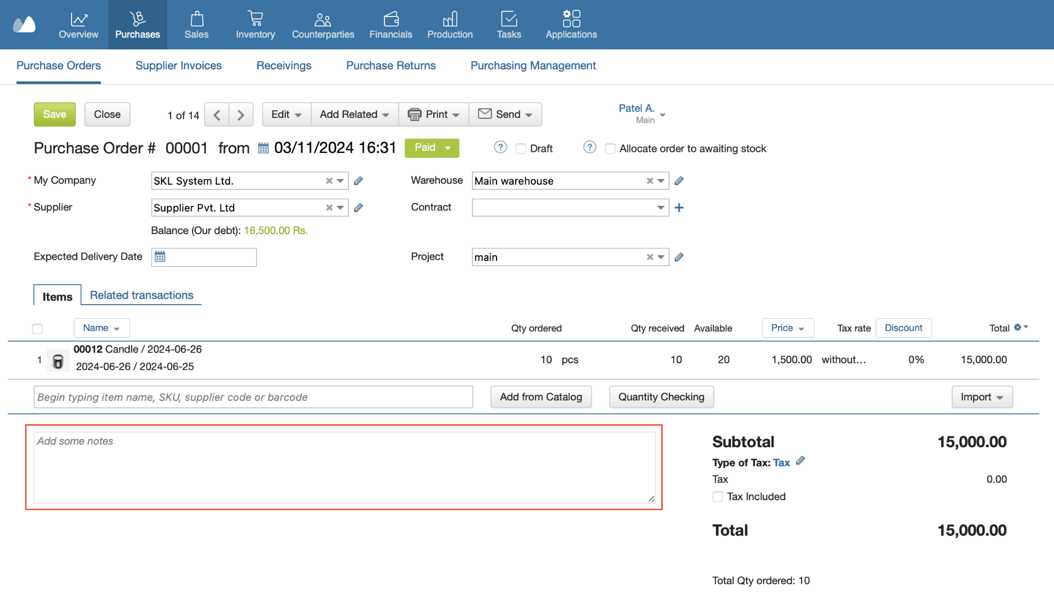 Screenshot of a Kladana purchase order showing supplier, warehouse, item lines, and a highlighted notes field for recording quality inspection details
