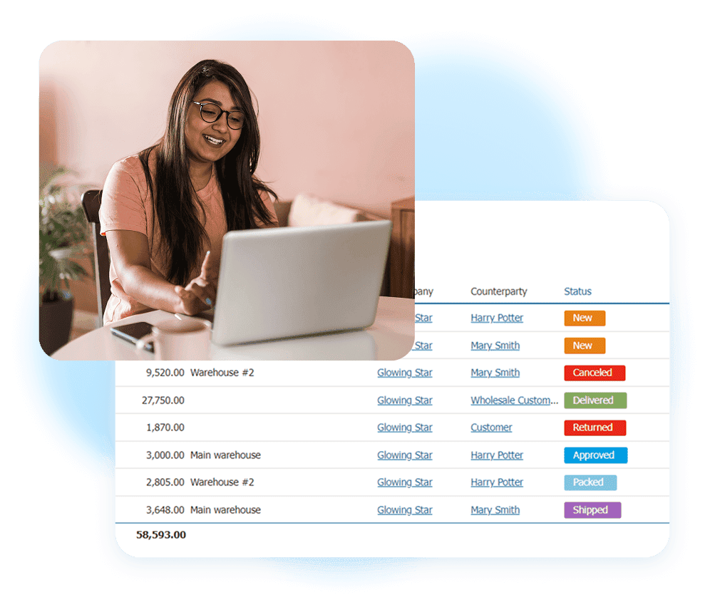 Illustration of a person working on a laptop with a Kladana table showing sales and purchase orders and colored status labels like New, Approved, Packed, Shipped, and Delivered