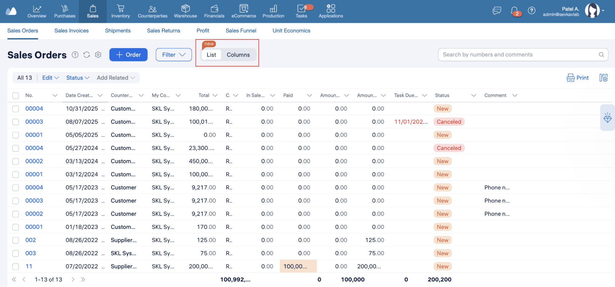 Screenshot of Kladana ERP Sales Orders tracking page in list view showing an order dashboard with order status labels and a search bar