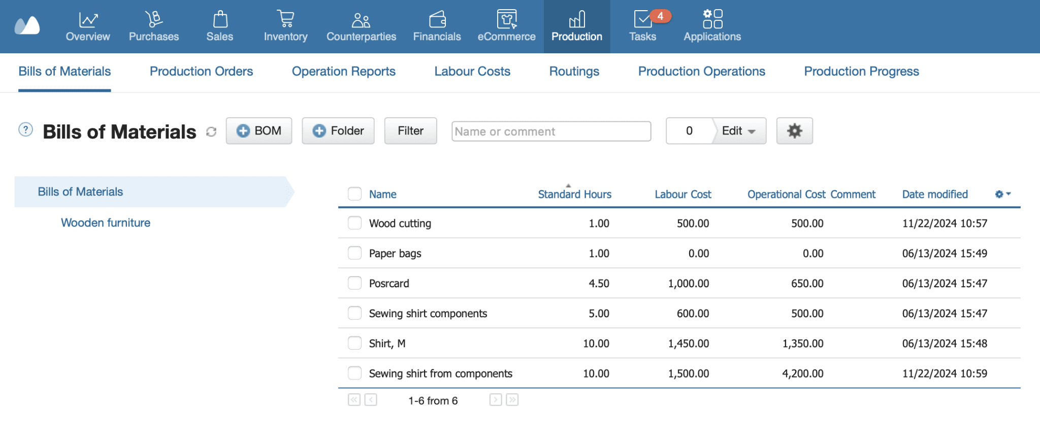 Screenshot of Kladana’s Bills of Materials page showing items with Standard Hours, Labour Cost, and Operational Cost columns