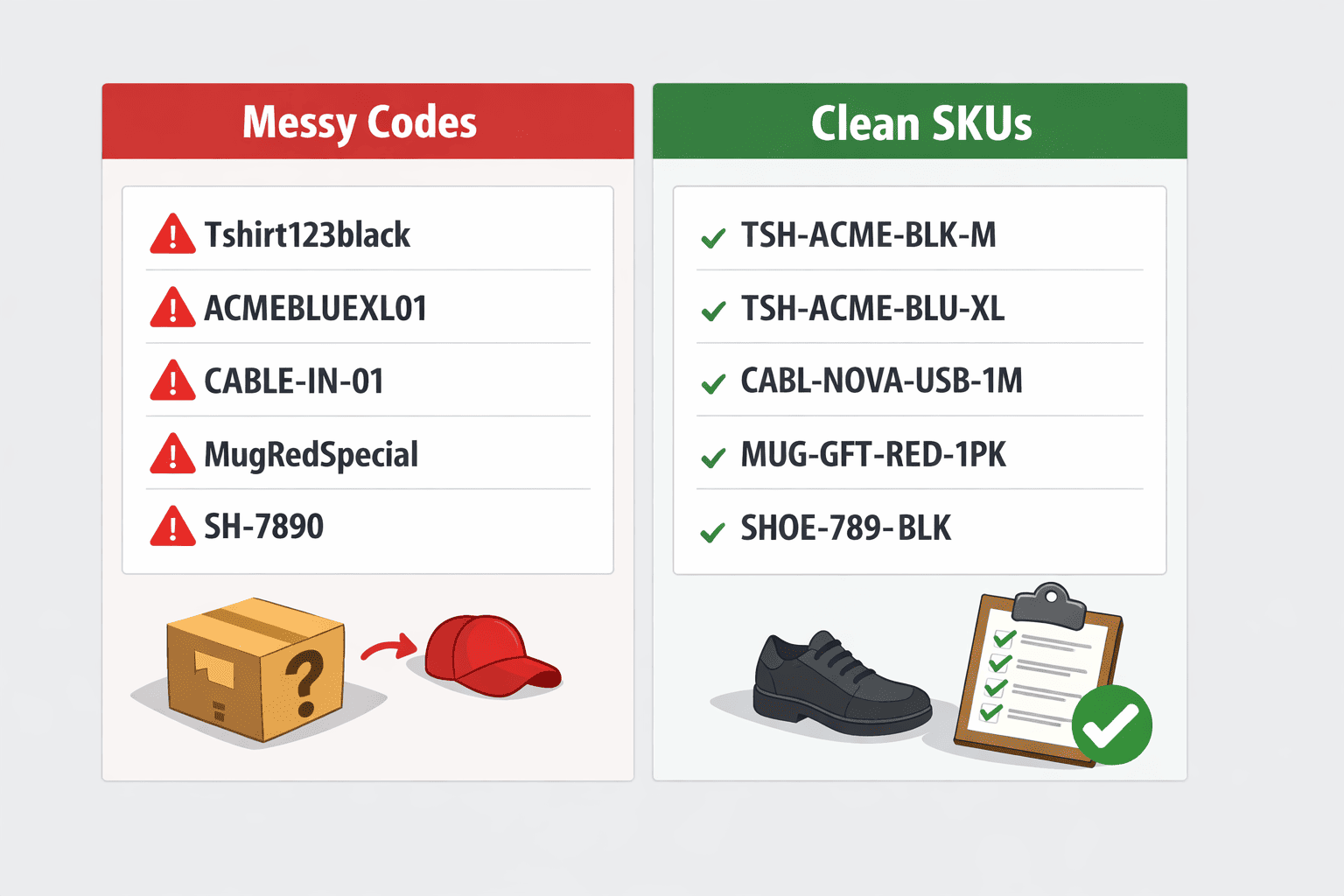 Side-by-side example showing messy product codes vs clean SKUs in a consistent SKU format to prevent wrong picks