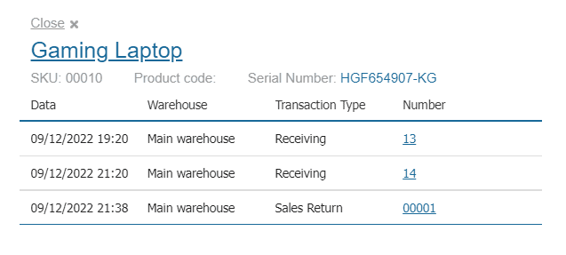 Detailed view of a serial number in Kladana showing the serial’s movement history and related documents for traceability and audit.