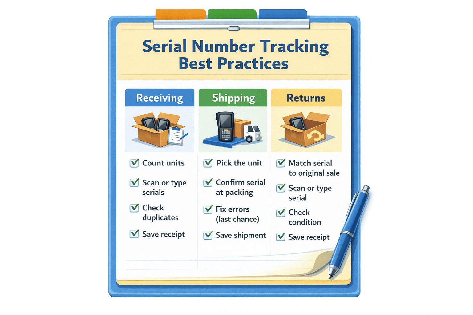 Checklist poster with three columns—Receiving, Shipping, and Returns — showing step-by-step best practices like counting units, scanning serials, confirming serial at packing, and matching returns to the original sale.
