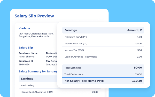 Free Salary Slip Generator by Kladana Screenshot of the free online salary slip generator with employee details, earnings, deductions, and a payslip preview