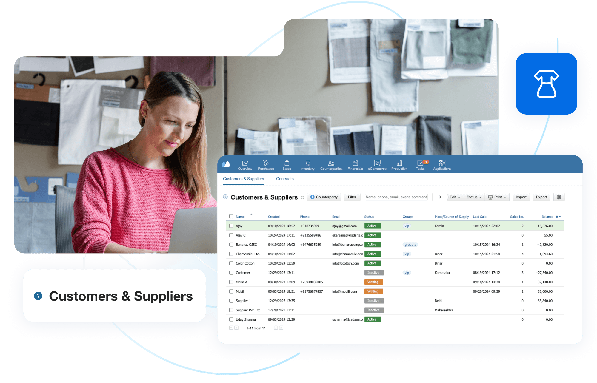 Kladana ERP screen showing a customers and suppliers list with contact details, status, and business records