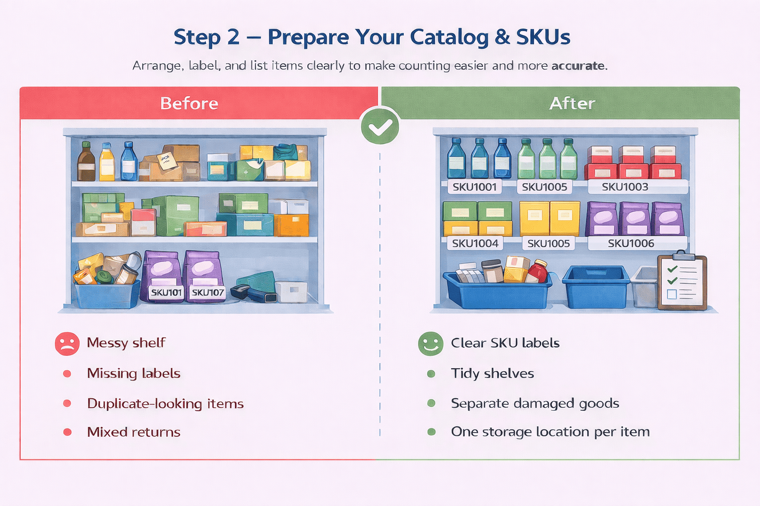 Before-and-after illustration showing a messy shelf with missing labels and mixed returns on the left, and an organized shelf with clear SKU labels, tidy shelves, and separated damaged goods on the right