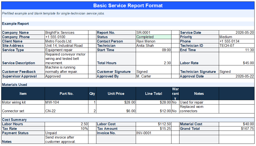 Excel template showing a basic service report format with client details, technician information, service description, materials used, cost summary, and signatures.