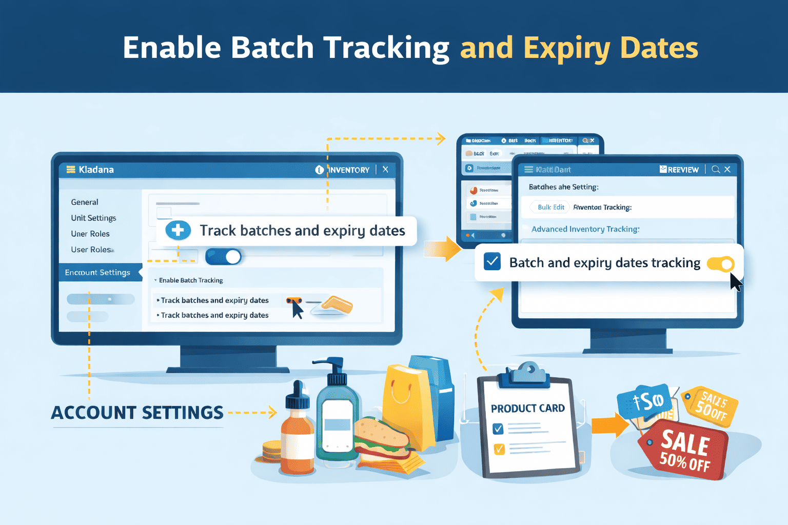Illustration showing how to enable batch tracking for lots and serial numbers in inventory to track products by batch, expiry date, and serial number