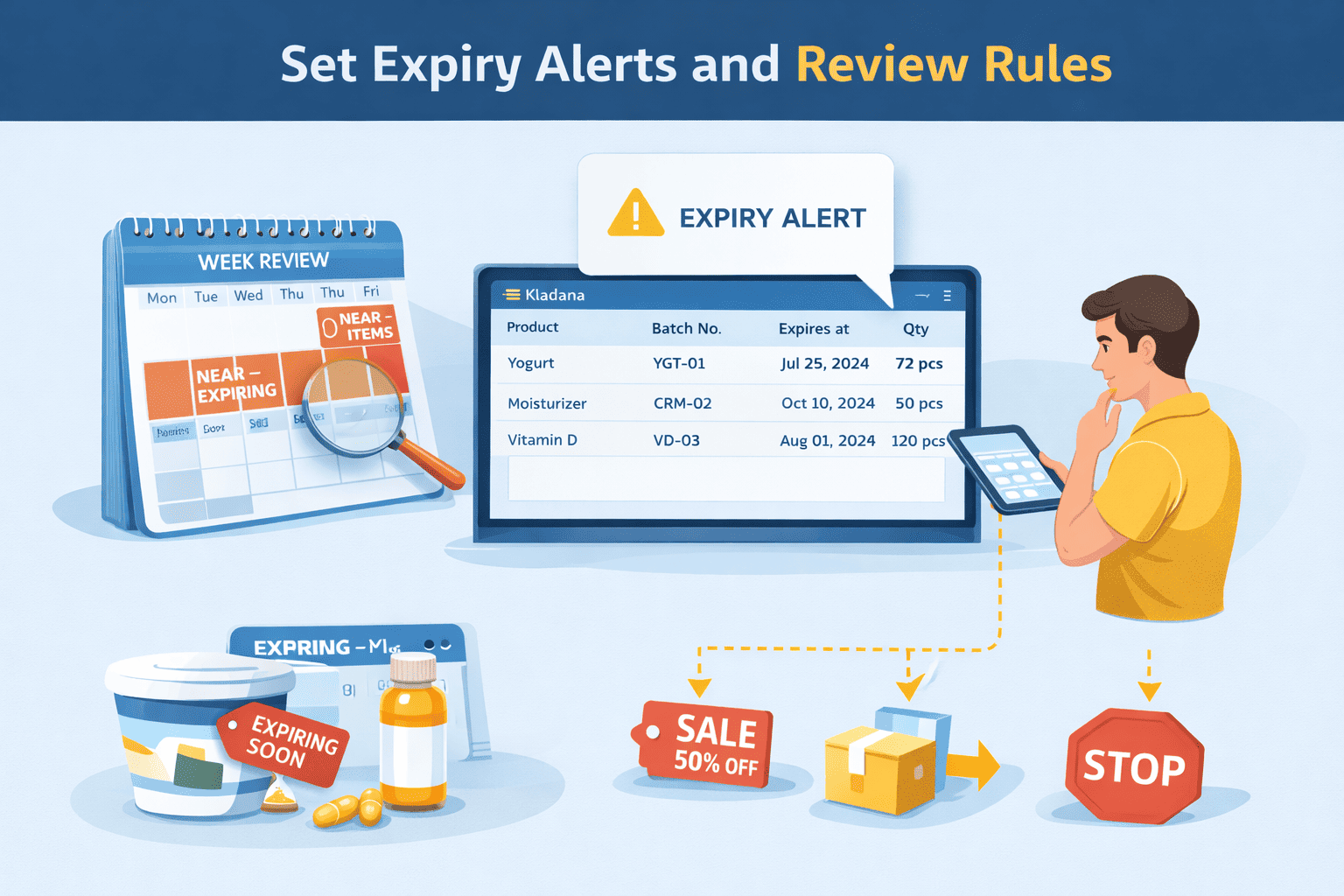 Illustration showing inventory expiry alerts and a weekly review of items expiring within 7 to 30 days