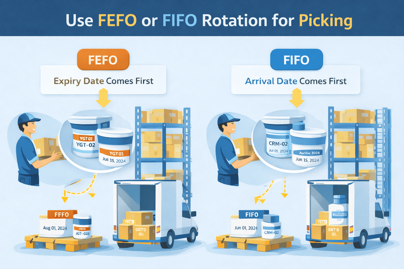 Illustration comparing FEFO and FIFO inventory rotation, showing picking by expiry date versus arrival date in warehouse shelves