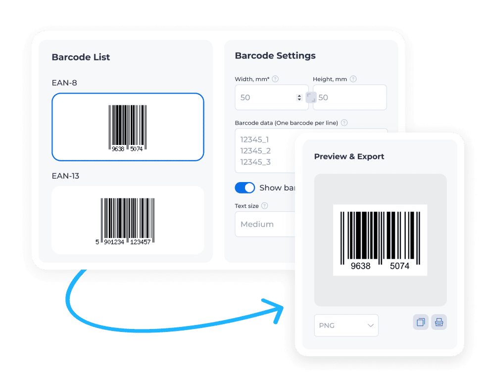 Illustration of a free barcode generator tool showing barcode list, barcode settings, preview, and export options for PNG output