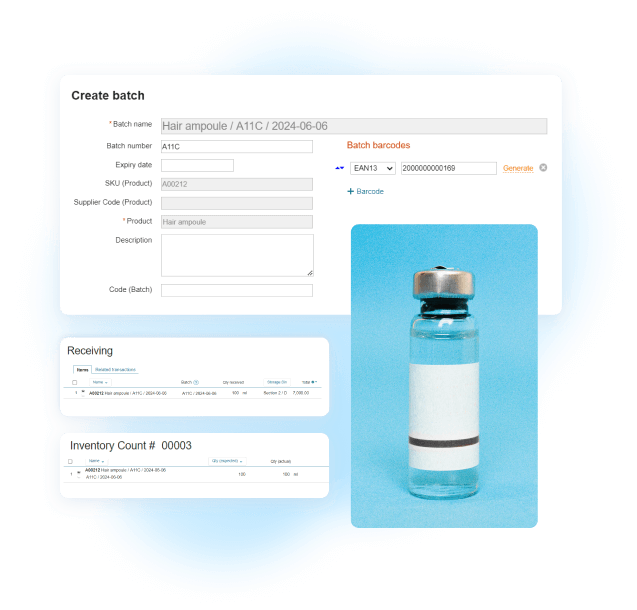 Kladana interface showing product batch with lot number, expiry date, and stock tracking for cosmetics inventory management