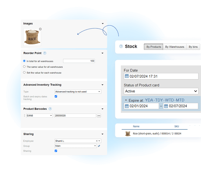 Product card in Kladana showing inventory with batch number, expiry date, and stock tracking details for food and beverage inventory management