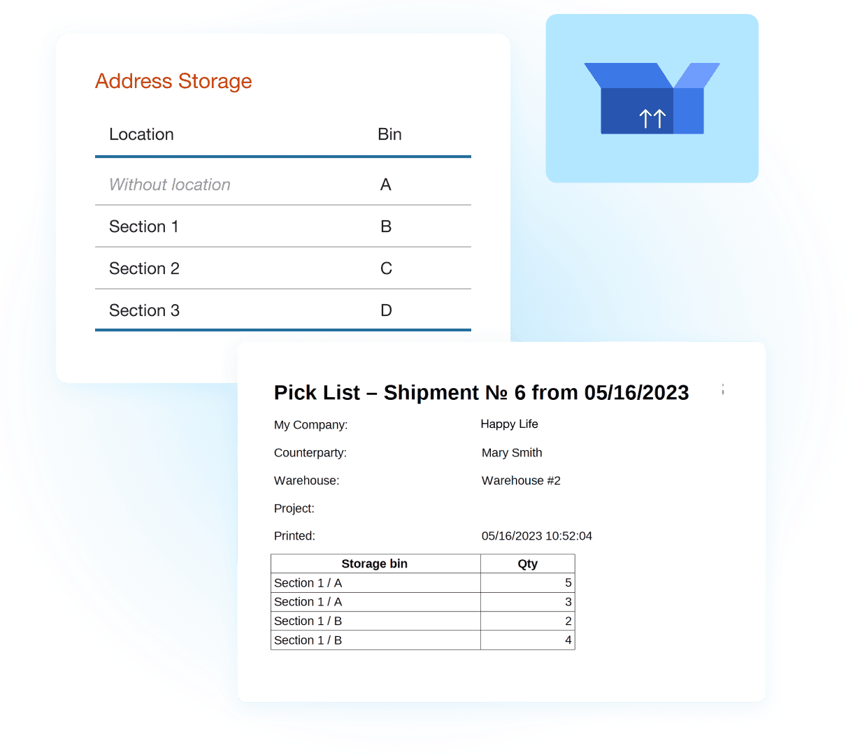 Illustration showing warehouse locations and a pick list with storage bins and quantities in Kladana WMS