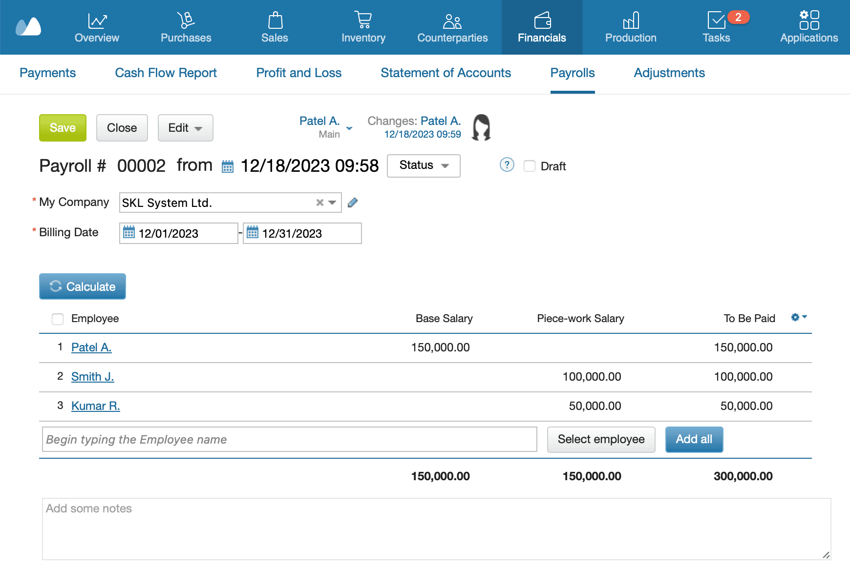 Payroll management software screen showing employee salary details, piece-work pay, billing date, and total payroll amount for salary calculation and payroll records