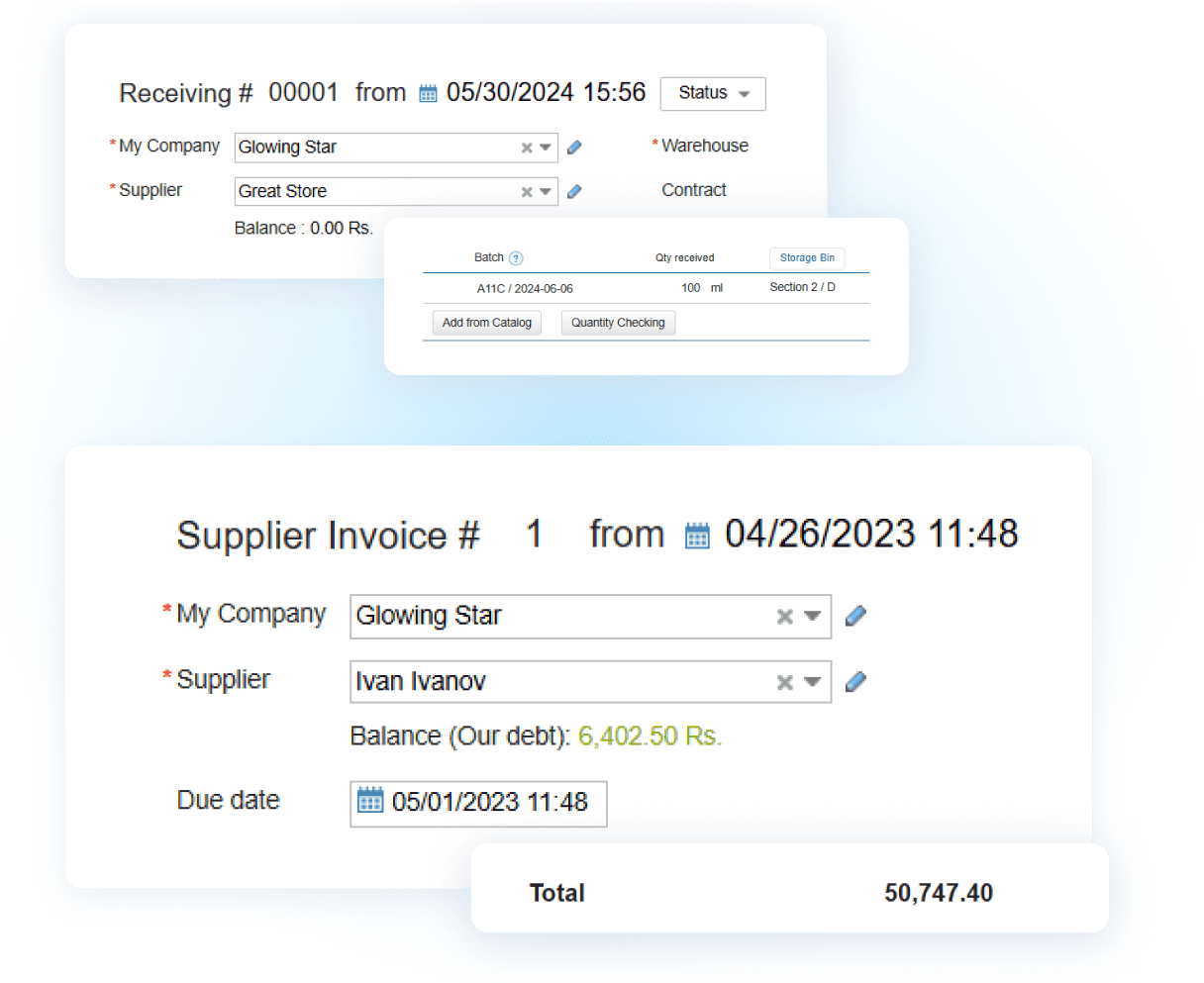 Kladana ERP screen showing purchase receiving details, supplier invoice fields, batch tracking, quantity received, storage bin, and total amount.