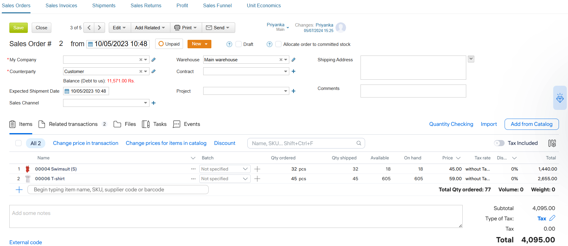 Kladana ERP sales order screen with customer details, warehouse, shipment date, ordered items, stock availability, tax, and order total.