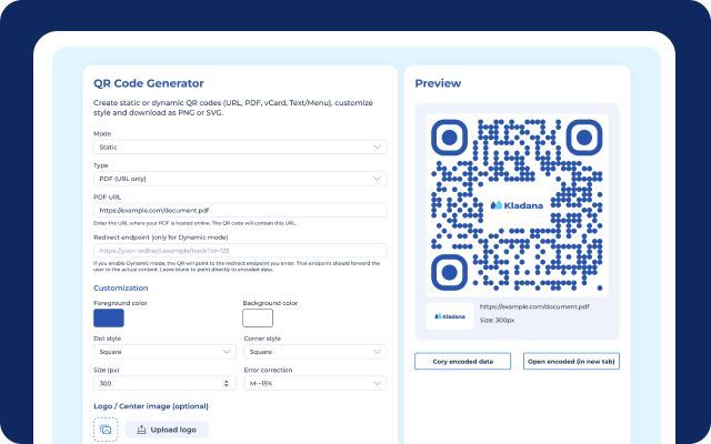 Free QR Code Generator by Kladana Screenshot of free online QR code generator with customization options and logo upload