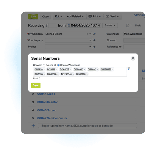 Kladana interface for receiving spare parts into inventory and managing stock records