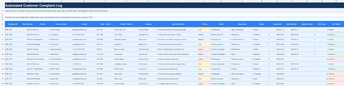 Automated Excel complaint log with priorities, owners, deadlines, resolution days, days open, and SLA status.