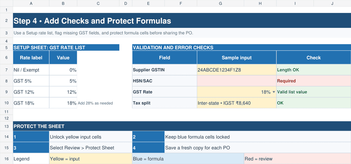 Excel GST purchase order checks for supplier GSTIN, HSN/SAC, GST rate validation, tax split, and protected formula cells.