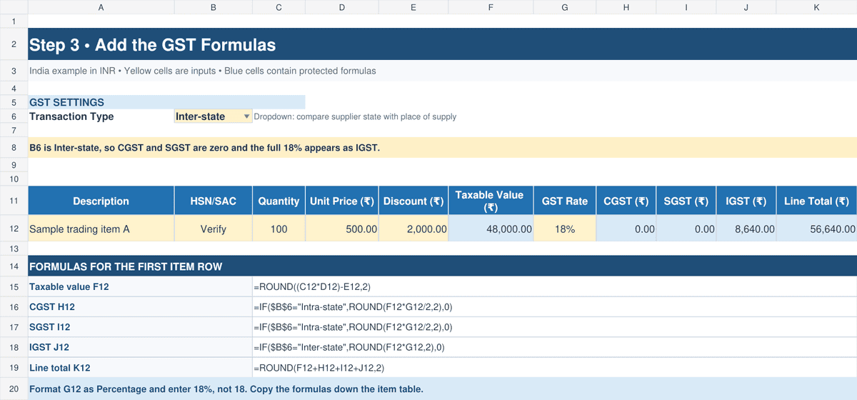 Excel purchase order with GST formulas that calculate taxable value, CGST, SGST, IGST, and the line total for an inter-state order in INR.