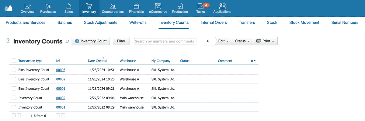 Kladana Inventory Counts page showing warehouse and bin stock counts with document numbers, creation dates, and warehouse names.