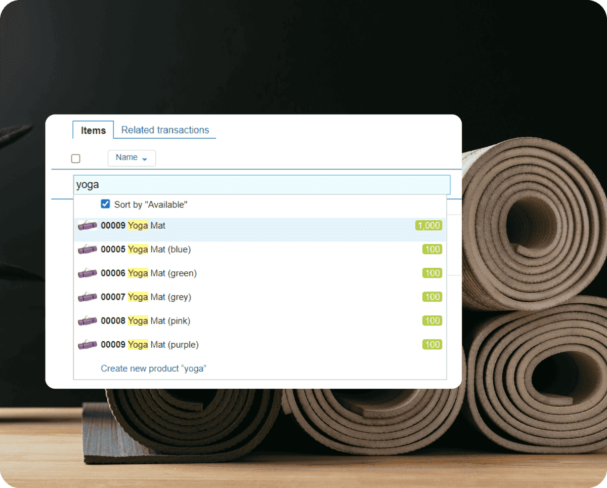 Kladana inventory search showing product variants and their available quantities.