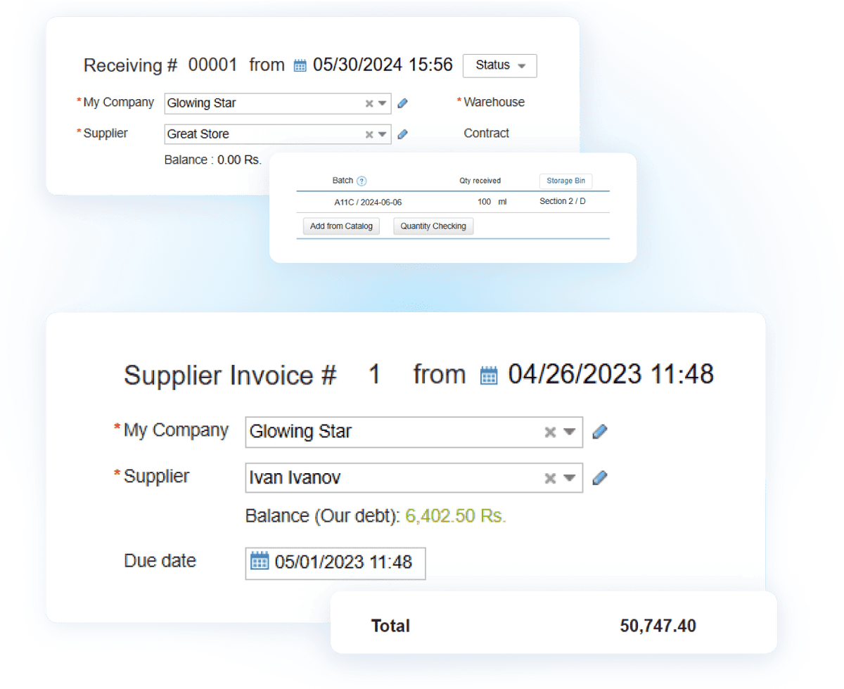 Kladana purchase order management screen with supplier details, ordered products, order status, receiving, and payment information