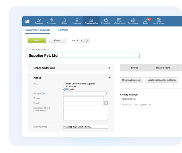 Kladana supplier profile with supplier type, phone and email fields, task tabs and closing balance