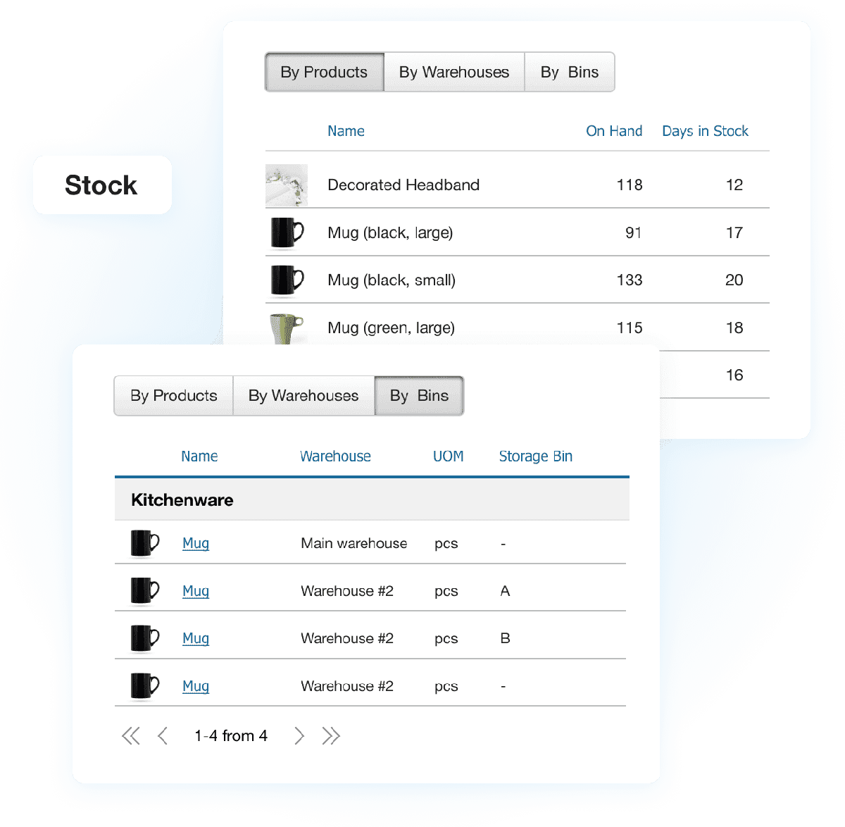 Kladana stock reports showing product quantities, days in stock, and storage locations by warehouse and bin.