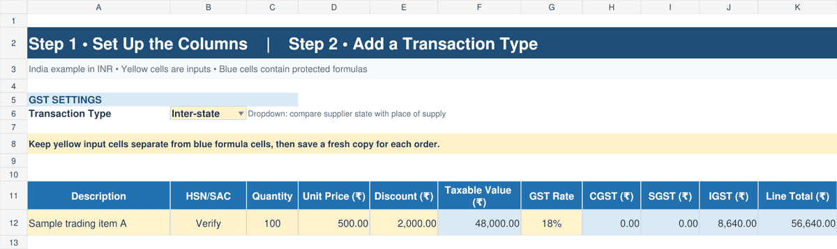 Purchase order format in Excel with GST showing HSN/SAC, quantity, price, discount, taxable value, GST rate, CGST, SGST, IGST, and line total columns.