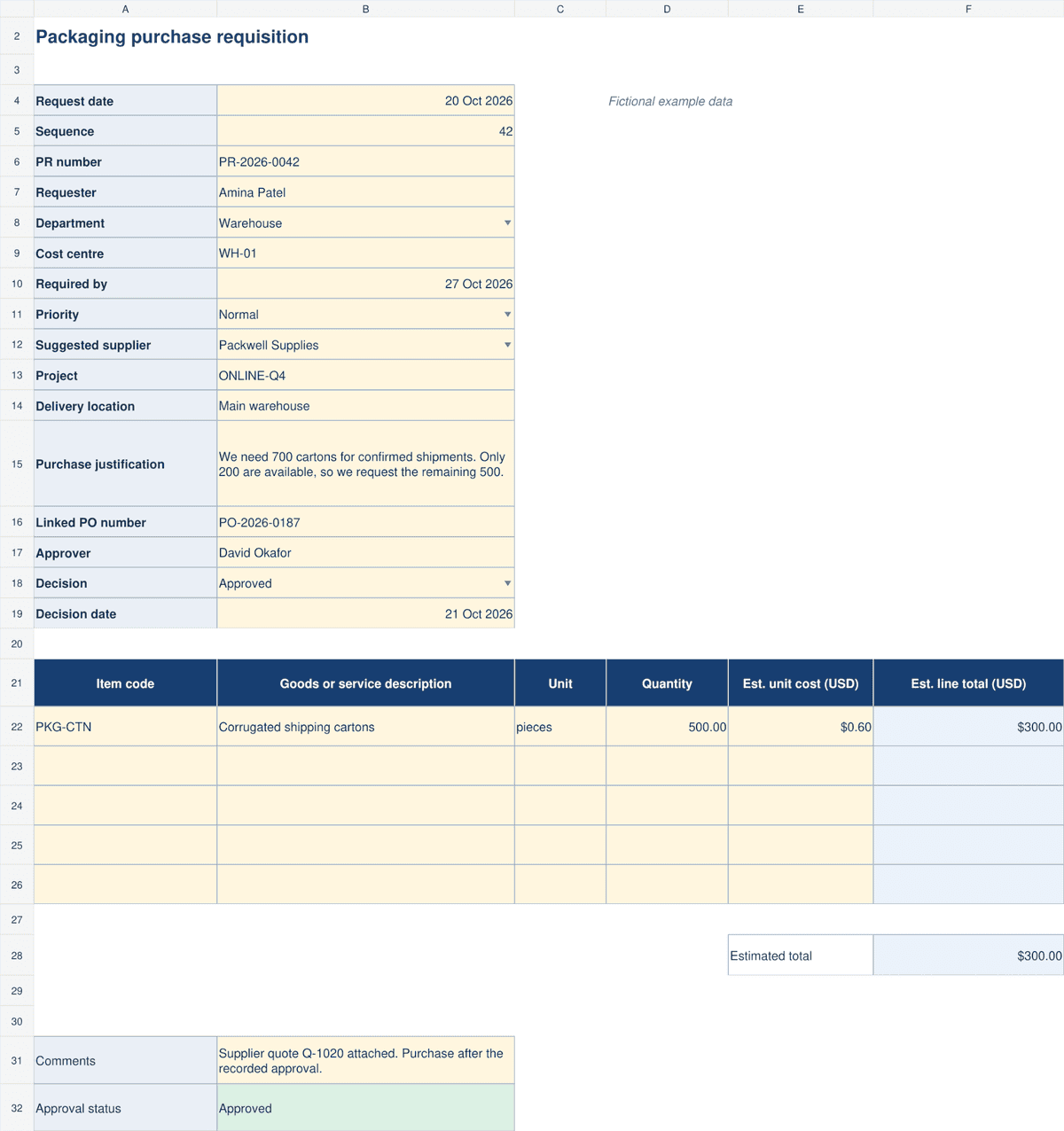 Completed Excel purchase requisition for 500 shipping cartons